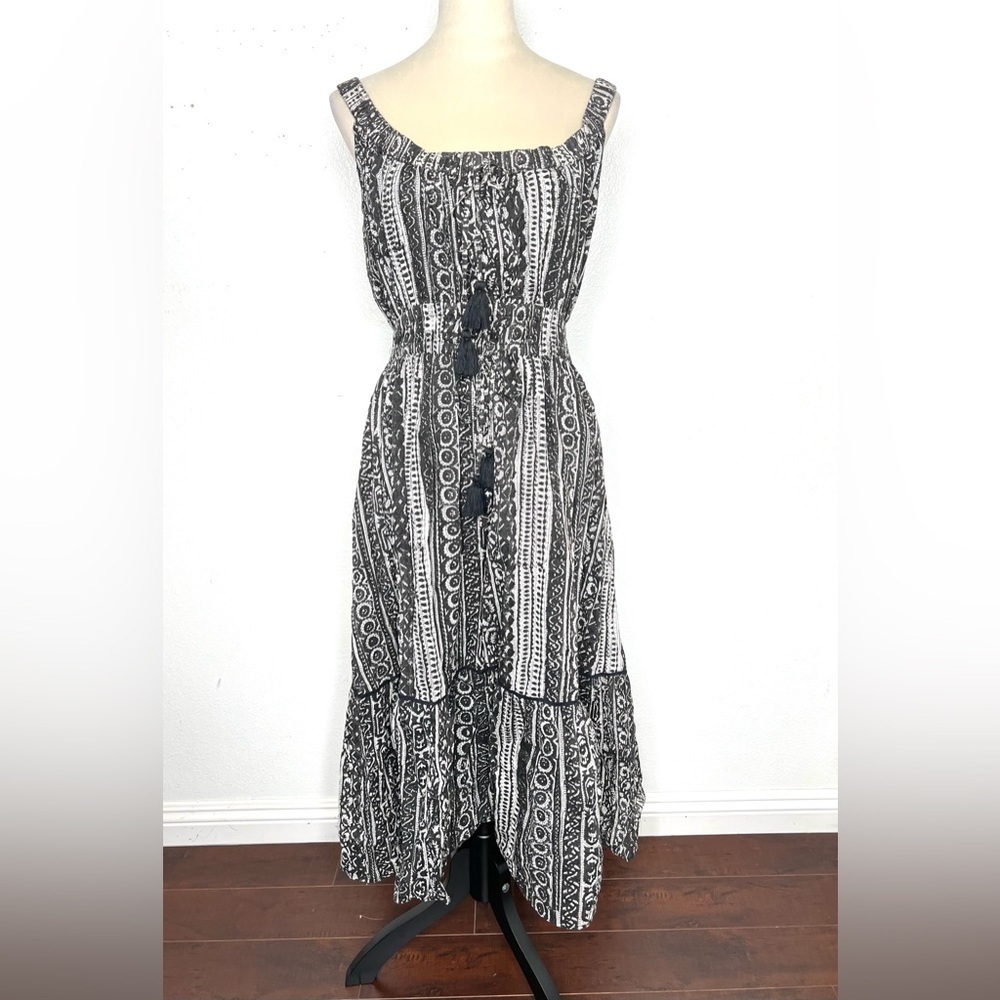 CLEOBELLA Tiered Off The Shoulder Maxi Dress Black White Gray Peasant Size Small